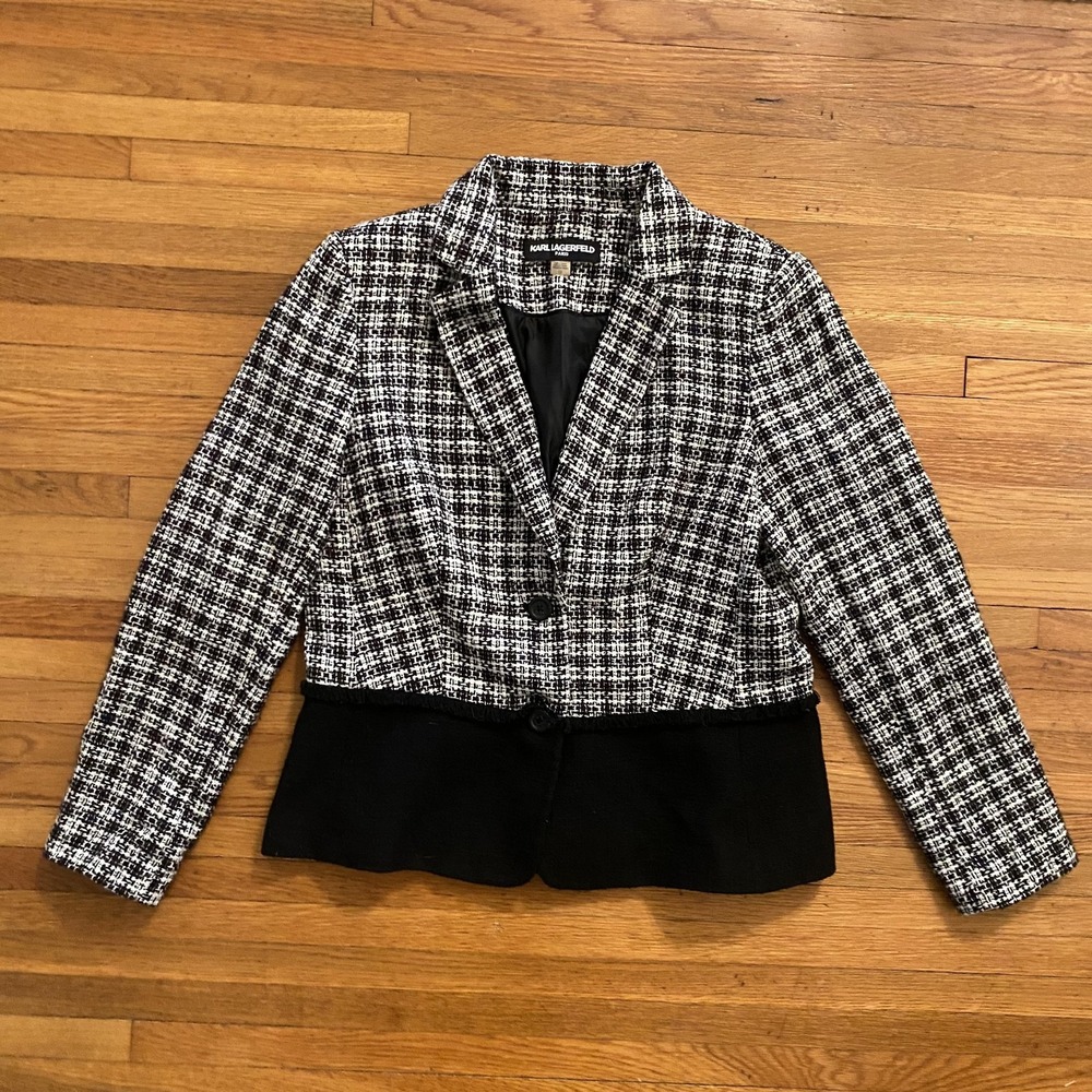 Karl Lagerfeld Paris Blazer Womens 12 Black White Tweed Peplum Two Button Lined